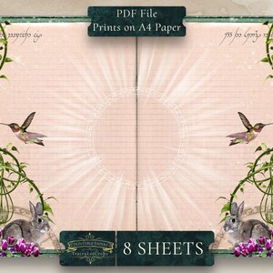 May include: Printable journal pages with a whimsical design featuring hummingbirds, rabbits, and flowers. The pages are lined and have a vintage aesthetic. The text "Printable Papers TraceyLeeCrofts" and "8 SHEETS" is visible on the bottom of the page.