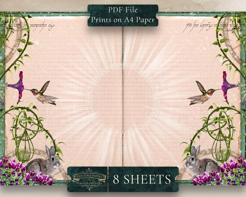 May include: Printable journal pages with a whimsical design featuring hummingbirds, rabbits, and flowers. The pages are lined and have a vintage aesthetic. The text "Printable Papers TraceyLeeCrofts" and "8 SHEETS" is visible on the bottom of the page.