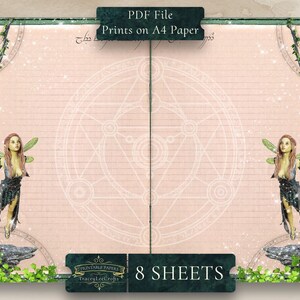 May include: Printable paper pack with 8 sheets featuring a pink background with a white circle design and a green vine border. The paper has a lined pattern and features a fairy illustration on each side.