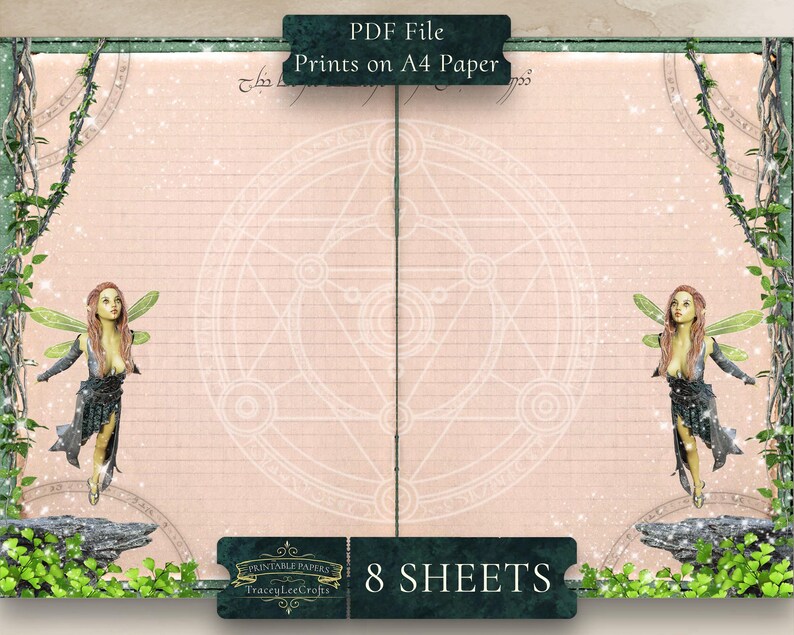 May include: Printable paper pack with 8 sheets featuring a pink background with a white circle design and a green vine border. The paper has a lined pattern and features a fairy illustration on each side.