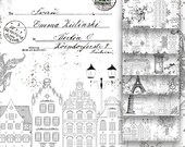 Ink Saver Black White Vintage Printable, Houses Buildings Ephemera Objects Digital Background Paper, Collage Sheets Scrapbooking Pages