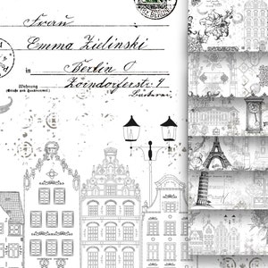Ahorro de tinta Vintage blanco negro imprimible, casas edificios objetos efímeros papel de fondo digital, hojas de collage páginas de scrapbooking
