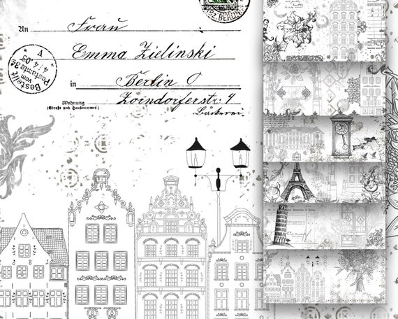 Ink Saver Black White Vintage Printable, Houses Buildings Ephemera Objects Digital Background Paper, Collage Sheets Scrapbooking Pages