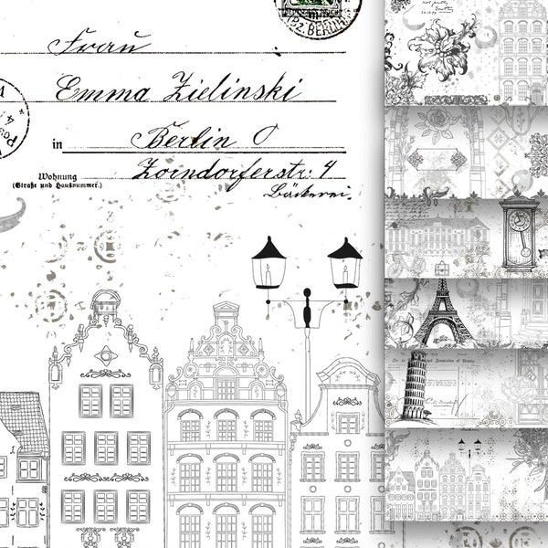 Ink Saver Black White Vintage Printable, Houses Buildings Ephemera Objects Digital Background Paper, Collage Sheets Scrapbooking Pages