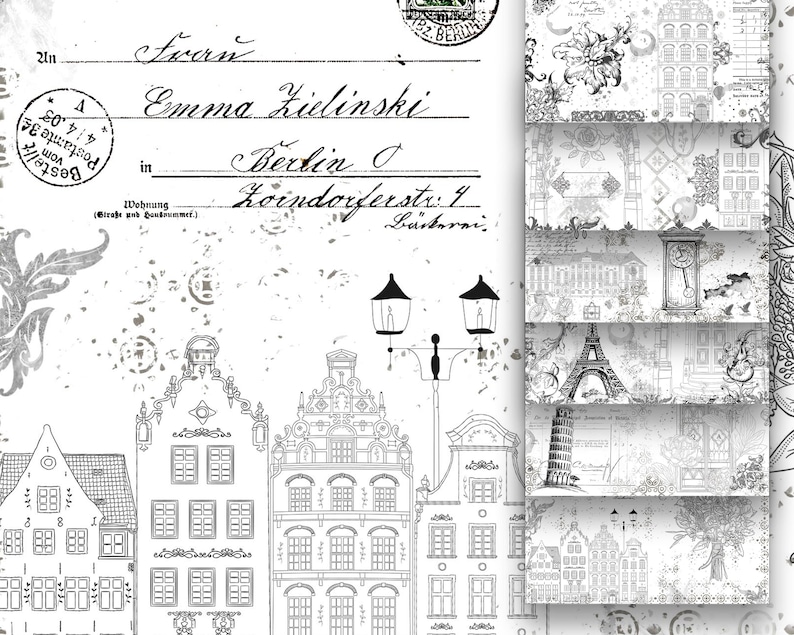 May include: Black and white illustration of a street scene with buildings, a lamppost, and a handwritten note that reads "Fran Emma Zielinski in Berlin 0 Koindorferstr. 9 B&auml;ckerei".