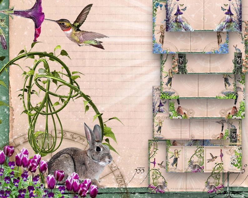 May include: A vintage-style scrapbook page with a hummingbird, a rabbit, and a floral design. The page has a light pink background with green vines and a compass design. The page is decorated with purple tulips, blue flowers, and butterflies.