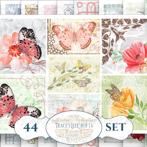 Digitale Schmetterlinge Mohnblumen Junk Journal Bilder Rosa Seiten Blumen Vintage Muster Tag Tasche Scrapbooking Papier Collage Sheets Printable
