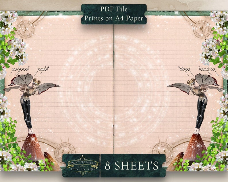 May include: Printable paper sheets featuring a fairy with wings standing on a mushroom, surrounded by flowers and a green background. The text "Printable Papers TraceyLeeCrafts 8 SHEETS" is at the bottom of the image.