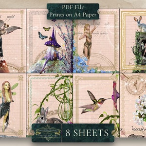 May include: Eight printable sheets of paper with a whimsical fairy, hummingbird, rabbit, and floral designs. The sheets are decorated with a vintage aesthetic and have a light pink background with ruled lines.