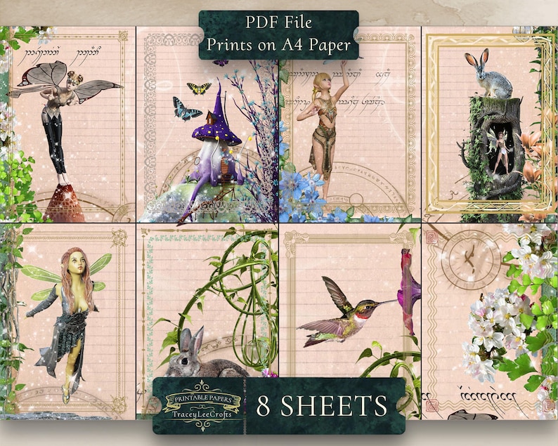 May include: Eight printable sheets of paper with a whimsical fairy, hummingbird, rabbit, and floral designs. The sheets are decorated with a vintage aesthetic and have a light pink background with ruled lines.