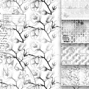 Ink Saver Schwarz Weiß druckbare Damast Collage Tapeten Blätter Vintage Scrapbooking Hintergrund Papier Floral Ephemera Seiten Skript Blumen