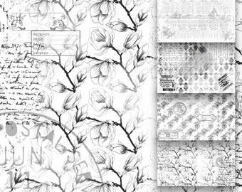 Ink Saver Black White Printable Damask Collage Wallpaper Sheets Vintage Scrapbooking Background Paper Floral Ephemera Pages Script Flowers
