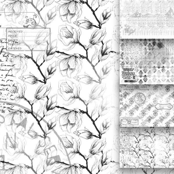 Ink Saver Black White Printable Damask Collage Wallpaper Sheets Vintage Scrapbooking Background Paper Floral Ephemera Pages Script Flowers