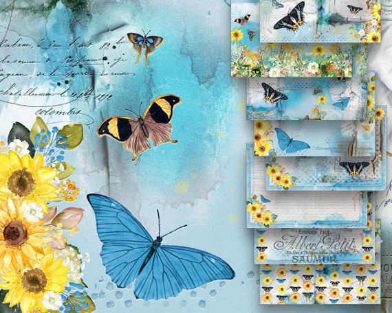 Sunflowers & Butterflies Printable Junk Journal Kit, Digital Collage Sheets, A5 Journal Pages, Blue Yellow Scrapbooking Paper Commercial Use