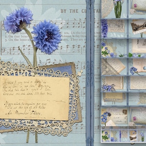 Vintage Antique Ephemera Letters and Lace Junk Journal Printable Kit Pages, Digital Blue Flower Scrapbooking Paper Sheets Commercial Use Art