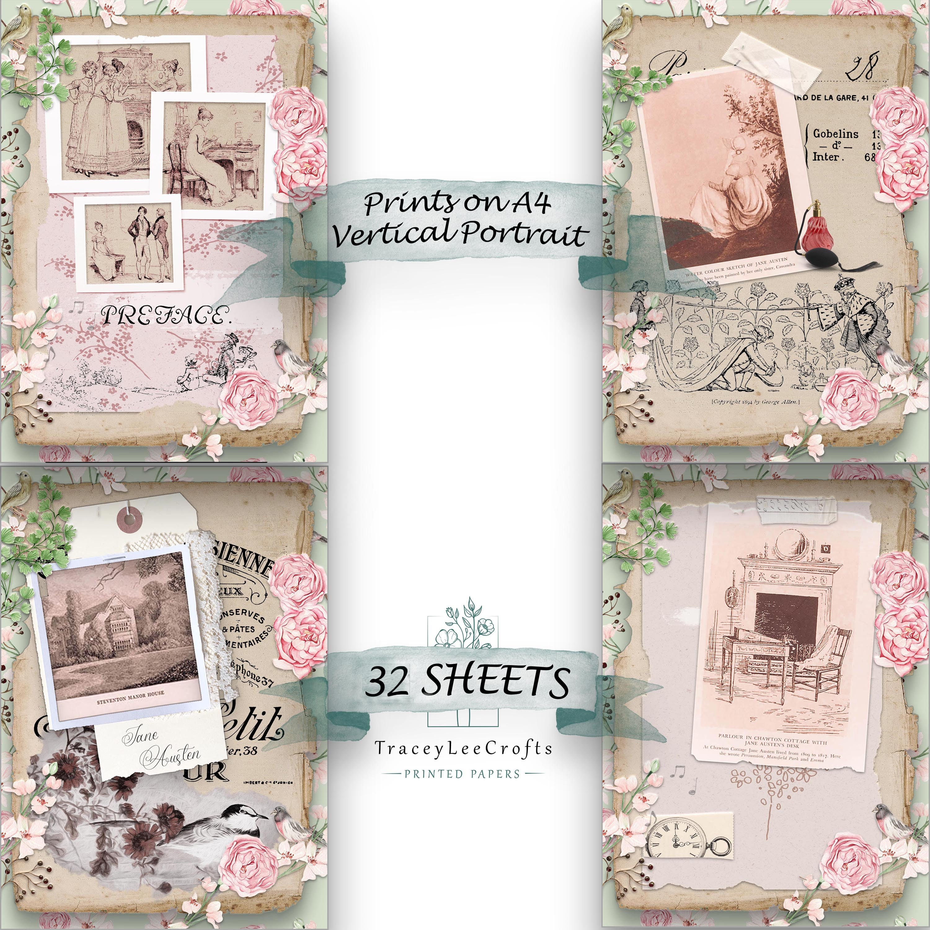 Jane Austen Junk Journal Kit, Full A4 Printable Pink Flowers Paper ...