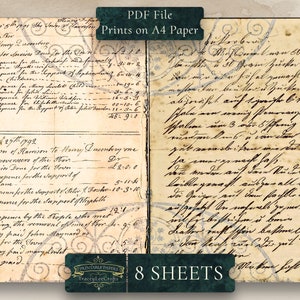 May include: A vintage, aged, and worn paper document with handwritten text in black ink. The paper is yellowed and has a distressed look. The text includes a list of names and amounts, possibly a financial record or ledger. The document is labeled "PDF File Prints on A4 Paper" and "8 SHEETS".