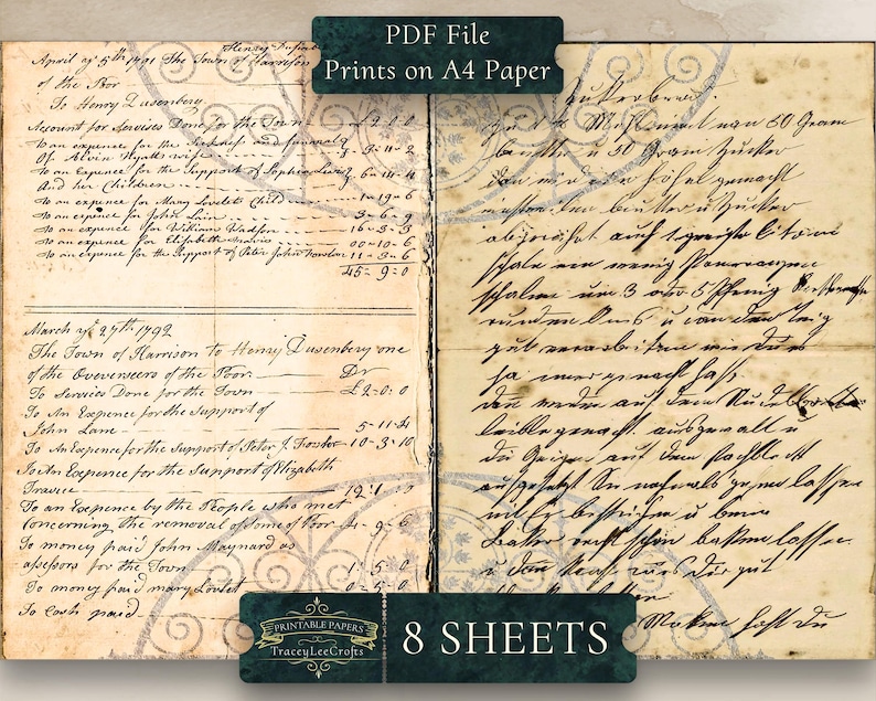 May include: A vintage, aged, and worn paper document with handwritten text in black ink. The paper is yellowed and has a distressed look. The text includes a list of names and amounts, possibly a financial record or ledger. The document is labeled "PDF File Prints on A4 Paper" and "8 SHEETS".