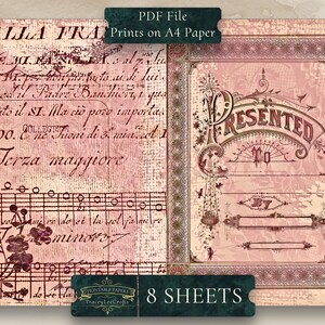 May include: A printable paper pack with 8 sheets of vintage-style paper featuring a pink background with a decorative border and the text "Presented To By". The paper is designed for scrapbooking, card making, and other paper crafts.