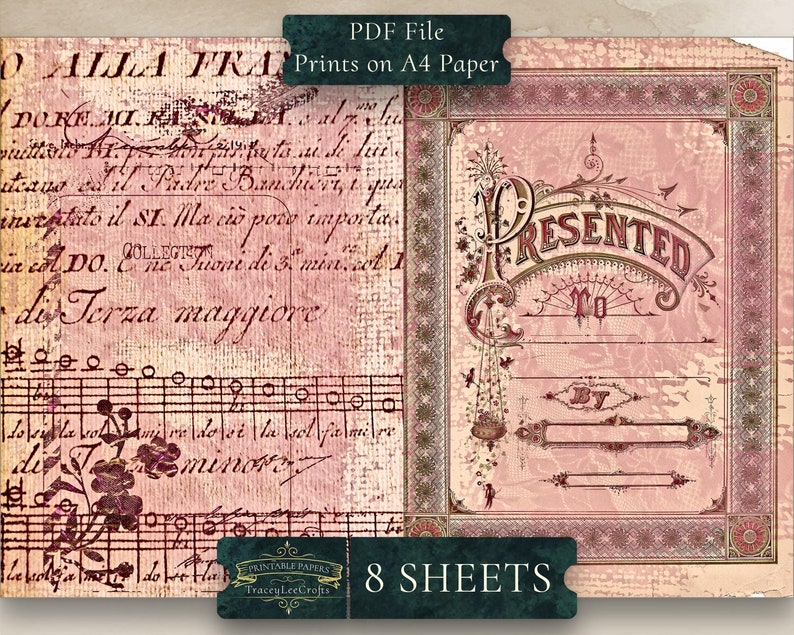 May include: A printable paper pack with 8 sheets of vintage-style paper featuring a pink background with a decorative border and the text "Presented To By". The paper is designed for scrapbooking, card making, and other paper crafts.
