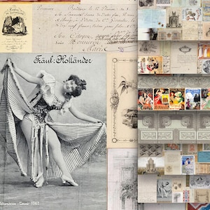 Digitale französische Paris Vintage Retro Ephemera Kit druckbare alte Buchstaben Anzeigen Poster Junk Journal Karten Eiffelturm Romantik Damen Portraits