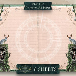 May include: Printable paper pack with 8 sheets of lined paper featuring a whimsical woodland scene with a rabbit, a fairy, and a tree with glowing lights. The paper is designed for use in a journal or scrapbook.