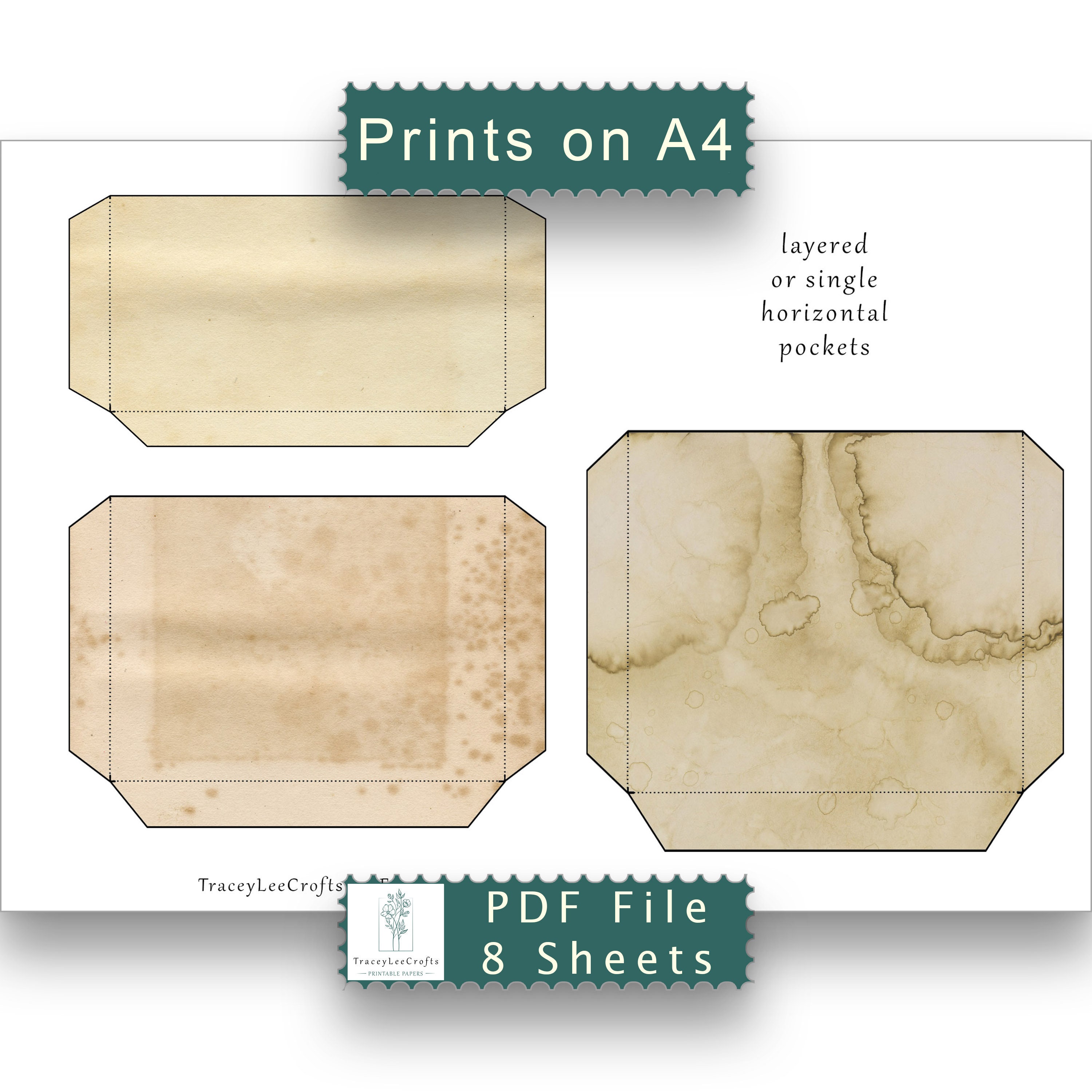 Digital Old Paper Tags Pockets Envelopes Kit, Printable Junk Journal Pages, Scrapbooking Collage