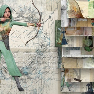 May include: A woman dressed in green and brown clothing holds a bow and arrow. She is standing in front of a background of vintage paper with cursive writing.