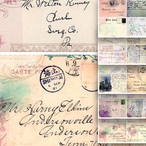 Digitale alte Vintage Postkarten Ephemera Junk Journal Seiten Scrapbooking Collage Sheets Botanisch Dekorativ Handgeschriebene Briefe Briefmarken Retro