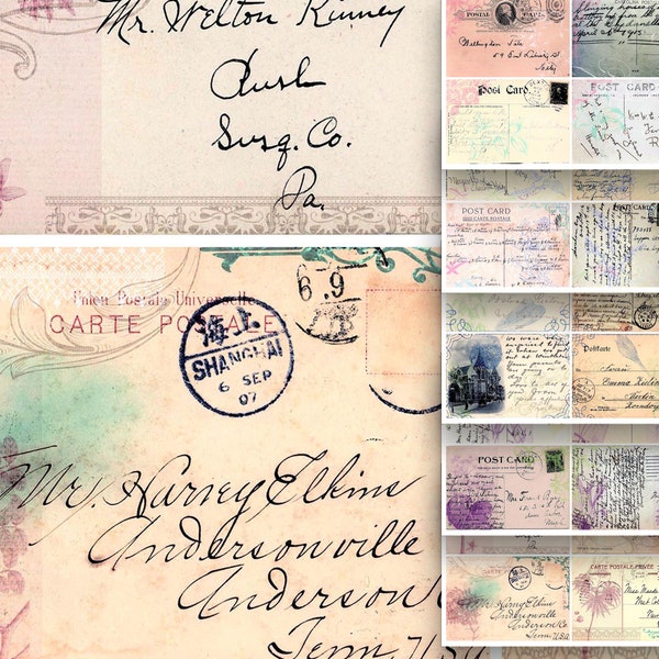 Digital Old Vintage Postcards Ephemera Junk Journal Pages Scrapbooking Collage Sheets Botanical Decorative Handwritten Letters Stamps Retro