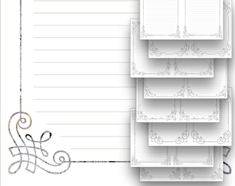 Printable Lined Journal Pages Set Decorative Frame Neutral Monotones Minimalist Digital Black White Travelers Notebook Insert Ink Saver Art