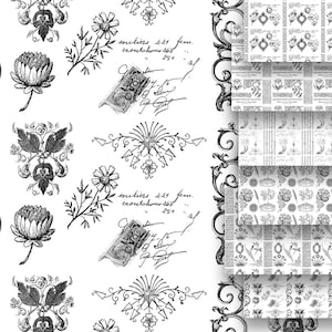 Inkt Saver Zwart Wit Afdrukbare Botanische Collage Wallpaper Vel Vintage Scrapbooking Achtergrond Papier Ephemera Pagina Bloemen Commercieel Gebruik