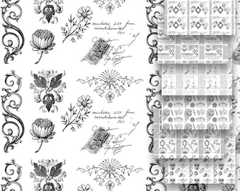 Ink Saver Black White Printable Botanical Collage Wallpaper Sheet Vintage Scrapbooking Background Paper Ephemera Page Flowers Commercial Use