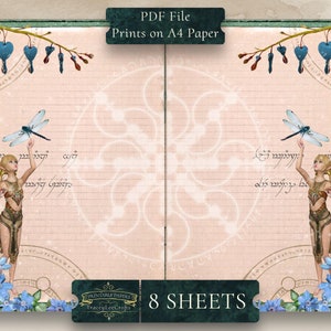 May include: Printable paper sheets with a fairy and dragonfly design. The paper has a light pink background with blue and green floral borders. The text "Printable Papers Tracey Lee Crofts" and "8 SHEETS" is printed on the bottom of the page.