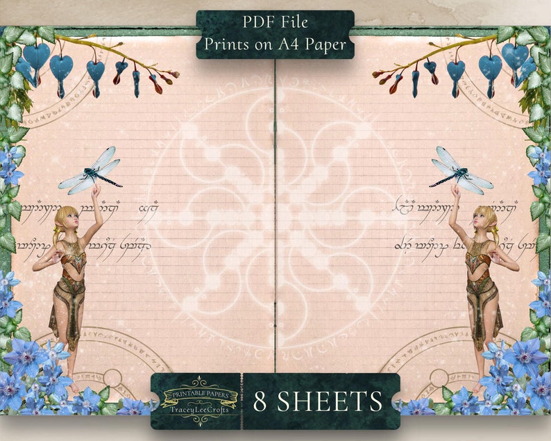 May include: Printable paper sheets with a fairy and dragonfly design. The paper has a light pink background with blue and green floral borders. The text "Printable Papers Tracey Lee Crofts" and "8 SHEETS" is printed on the bottom of the page.