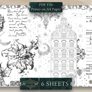 May include: A printable paper pack with 6 sheets of black and white illustrations. The illustrations include a building, a floral design, and a handwritten note. The paper is designed for use with a printer and is suitable for crafting projects.