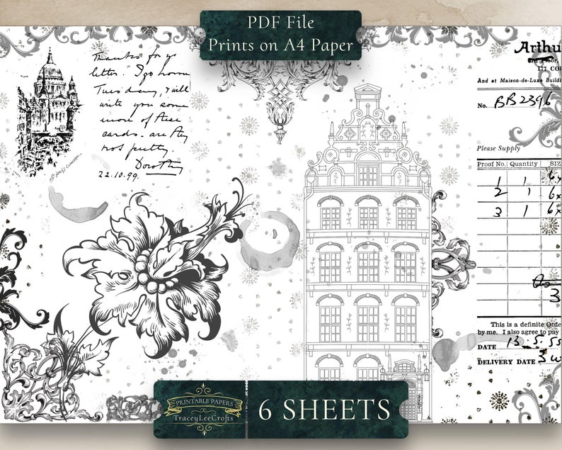 May include: A printable paper pack with 6 sheets of black and white illustrations. The illustrations include a building, a floral design, and a handwritten note. The paper is designed for use with a printer and is suitable for crafting projects.