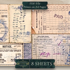 May include: A collection of vintage ephemera, including a Mokaska Coffee advertisement, a notice about candy prices, a Bear Lake Lodge room rate card, a school record card, and a paid receipt. The images are printed on aged paper with a distressed look.