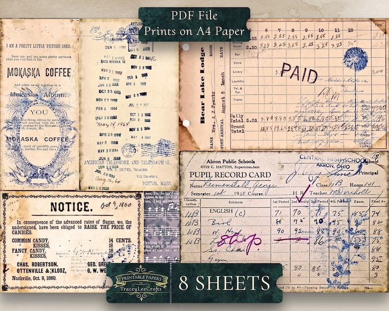 May include: A collection of vintage ephemera, including a Mokaska Coffee advertisement, a notice about candy prices, a Bear Lake Lodge room rate card, a school record card, and a paid receipt. The images are printed on aged paper with a distressed look.