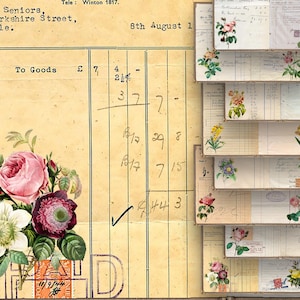 DIY druckbare Vintage Floral Rechnung Quittung Ephemera Junk Journal Scrapbooking Seiten Alte Dokumente Digitale Papiere Blatt Journaling Art Kit