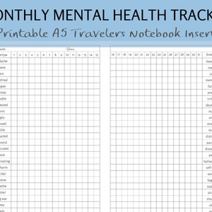 Puede incluir: Un rastreador de salud mental mensual imprimible para un cuaderno de viaje. El rastreador se divide en dos secciones, una para el mes y otra para el año. El rastreador incluye una lista de síntomas, como dolor de cabeza, náuseas, dolor, menstruación, fatiga, ansiedad, irritabilidad, depresión, manía, enojo, estrés, estabilidad, distracción, paranoia, disociación, conciencia, alucinaciones, autolesión, suicidio, higiene, apetito, alcohol, consumo de drogas, sueño y medicamentos.