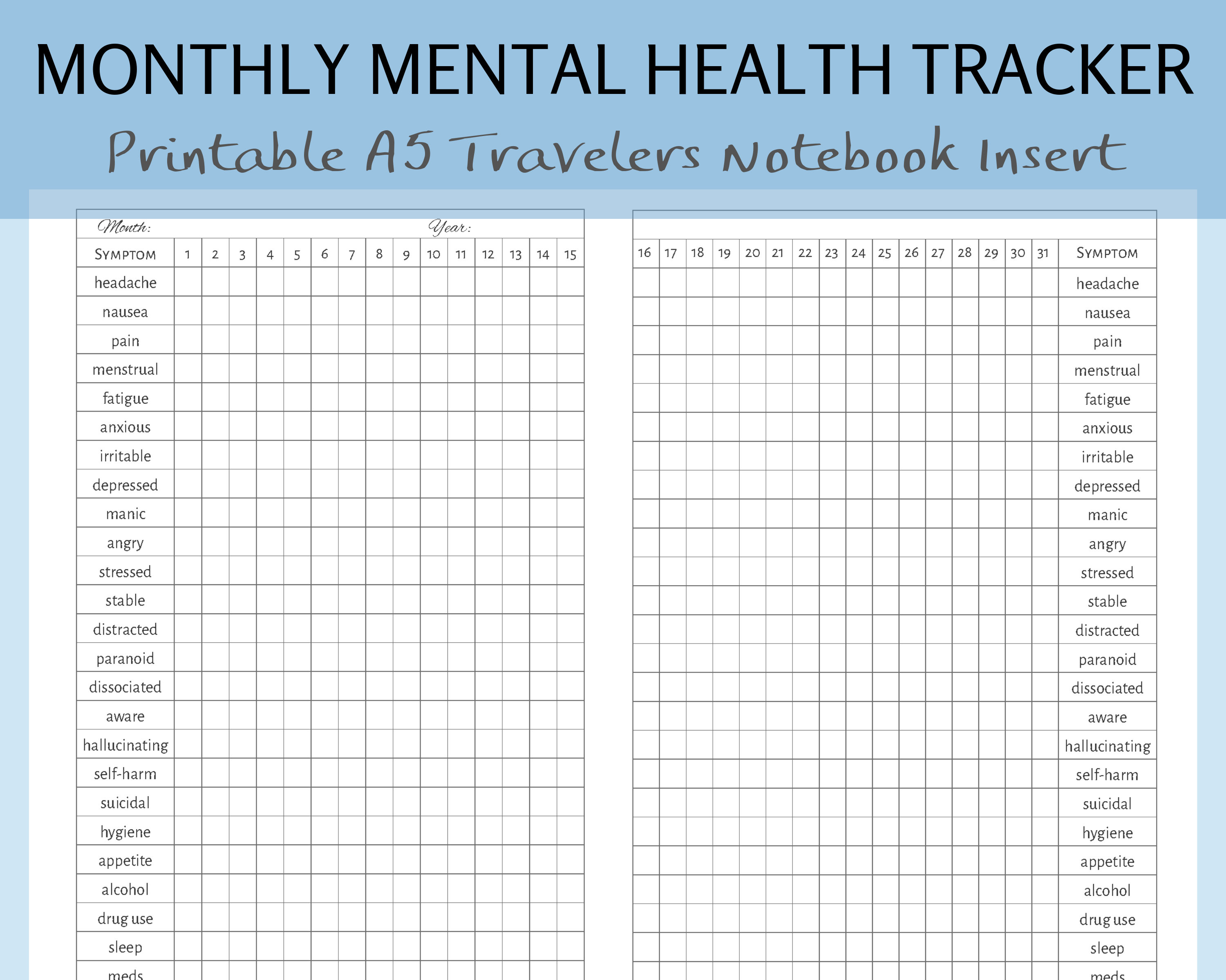 printable a5 booklet monthly symptom mood medication anxiety