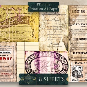 May include: A digital collage of vintage-style paper ephemera with a faded, distressed aesthetic. The collage includes images of a cruise ship advertisement, a medical product label, a vintage advertisement for a slug shot, and several advertisements for various products from a drugstore. The text on the images includes the words "Honey and Borax", "Oil Tansy", "Chloroform", "Rhubarb", "Have a Glass", and "13 Day Cruise to the Fjords of Norway".
