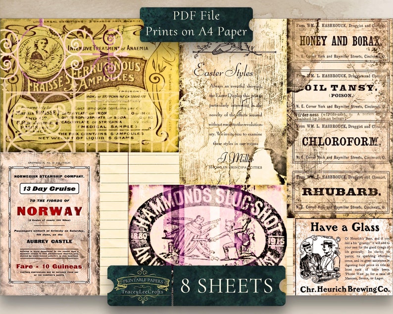 May include: A digital collage of vintage-style paper ephemera with a faded, distressed aesthetic. The collage includes images of a cruise ship advertisement, a medical product label, a vintage advertisement for a slug shot, and several advertisements for various products from a drugstore. The text on the images includes the words "Honey and Borax", "Oil Tansy", "Chloroform", "Rhubarb", "Have a Glass", and "13 Day Cruise to the Fjords of Norway".