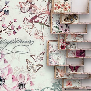 Bricolage papillons coquelicot journal imprimable, Kit de journal indésirable, feuilles numériques, pages de collage lignées botaniques, usage commercial A5 Scrapbook Paper US
