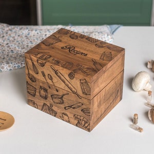 Caja de recetas personalizada con separadores de madera para tarjetas de recetas de 4 x 6