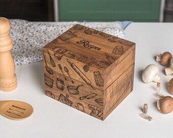 Boîte de recette personnalisée avec diviseurs en bois pour cartes de recette 4x6