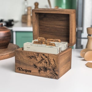 Houten receptendoos met verdelers en receptkaarten 4 x 6 cadeau voor moeder van dochter