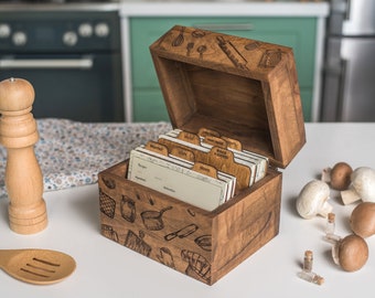 Boîte à recettes en bois avec séparateurs pour cartes de recettes 4x6 cadeau personnalisé