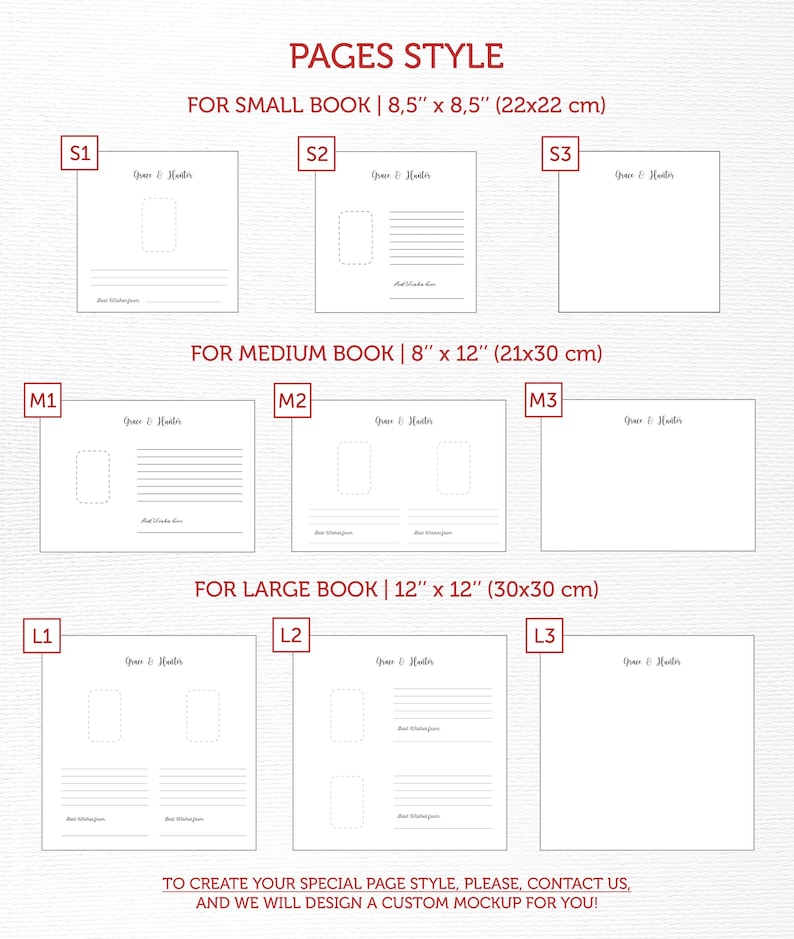 K&ouml;nnte beinhalten: Ein Diagramm, das verschiedene Seitenstile f&uuml;r ein Buch zeigt. Das Diagramm zeigt drei verschiedene Buchgr&ouml;&szlig;en: klein, mittel und gro&szlig;. Jede Gr&ouml;&szlig;e verf&uuml;gt &uuml;ber drei verschiedene Seitenstile. Die Seitenstile umfassen eine leere Seite, eine Seite mit Linien und eine Seite mit Platz f&uuml;r ein Foto.